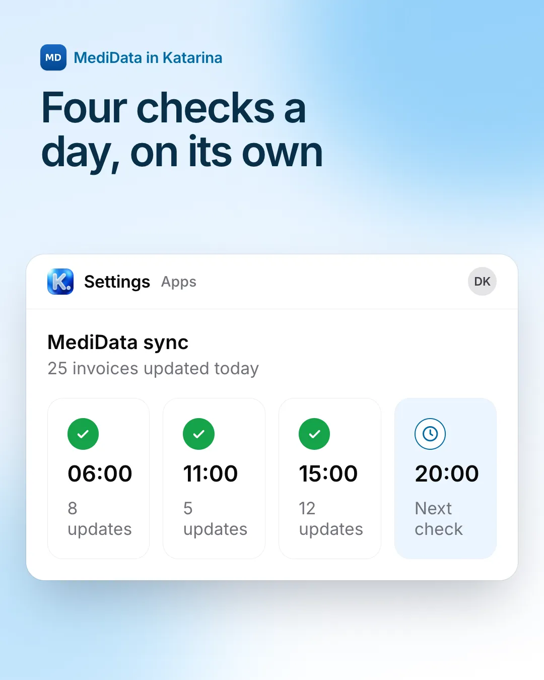 Katarina uploads the invoice, then collects statuses, notifications and insurer responses four times a day and confirms them to MediData.
